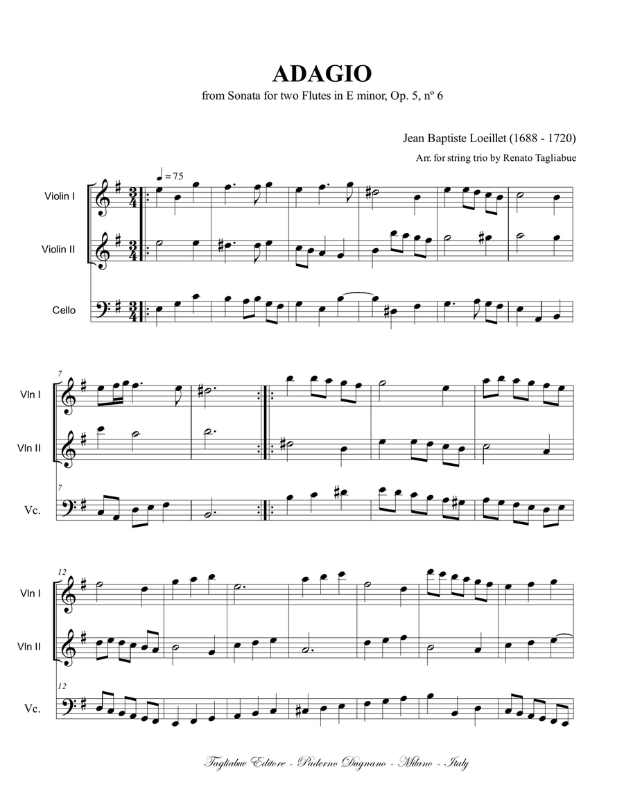 ADAGIO fron Sonata for two Flutes. op,5,n.6 Arr. for String Trio - Score Only String Trio scores gallery preview page 1
