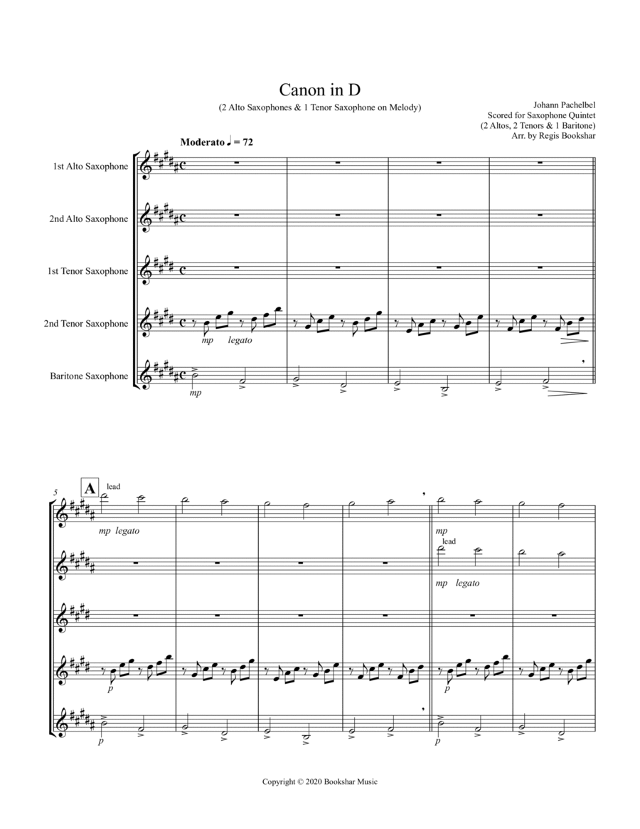 Canon in D (Pachelbel) (D) (Saxophone Quintet - 2 Alto, 2 Tenor, 1 Bari) image number null