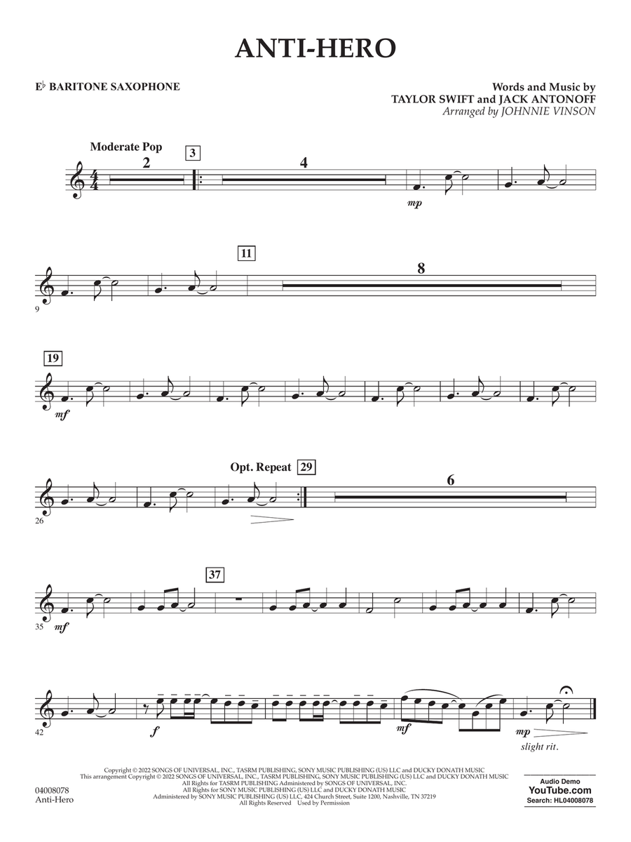 Anti-Hero (arr. Johnnie Vinson) - Eb Baritone Saxophone Concert Band scores gallery preview page 1