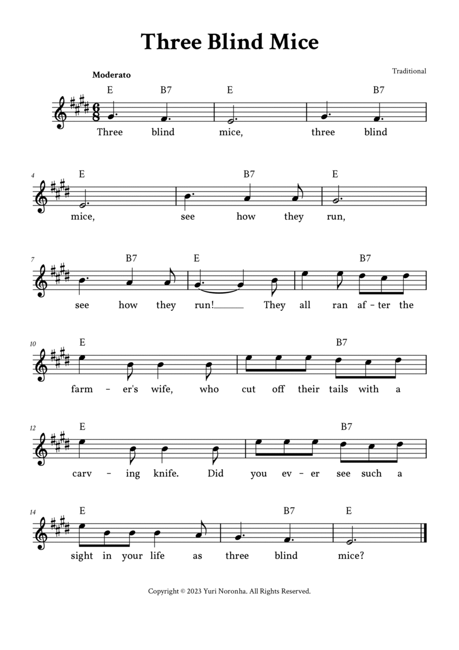 Three Blind Mice - Lead Sheet (E Major - Traditional) Easy Piano scores gallery preview page 1