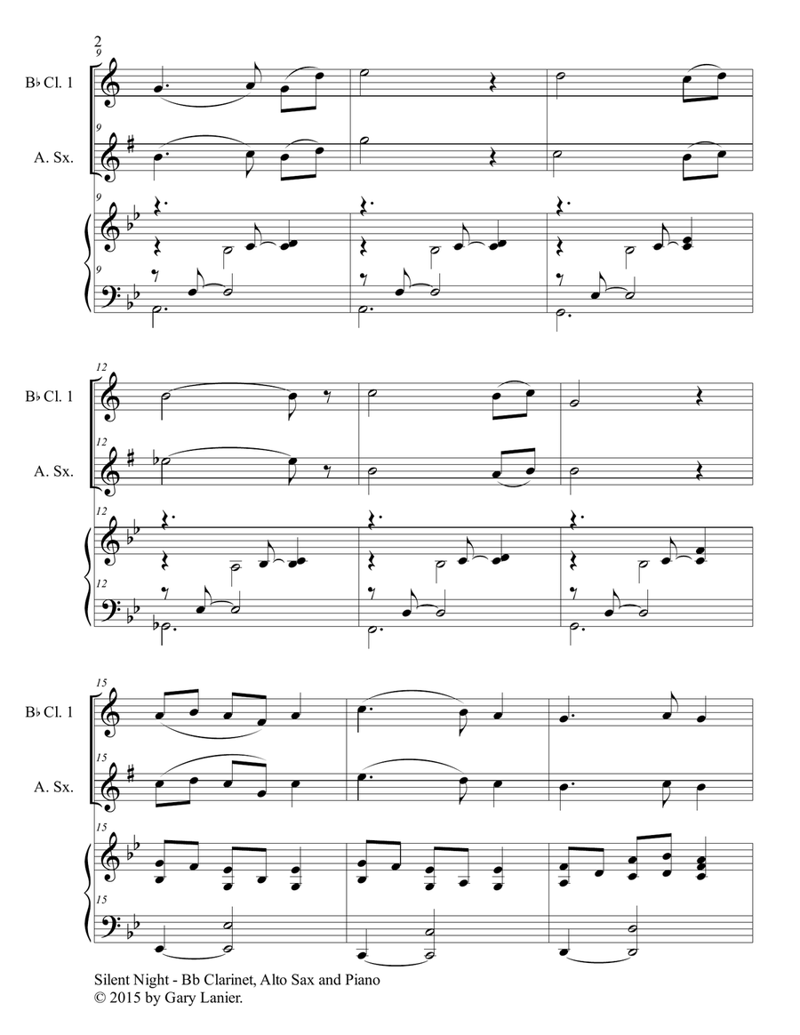 Gary Lanier: SILENT NIGHT (Trio – Bb Clarinet and Alto Sax with Piano - Score & Parts) Small Ensemble scores gallery preview page 3