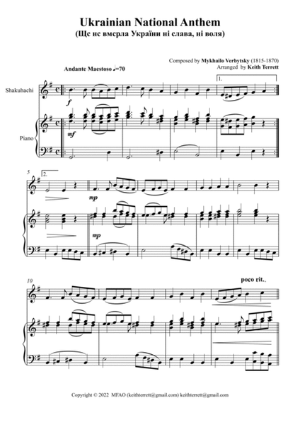 Ukrainian National Anthem for Shakuhachi Flute & Piano MFAO World National Anthem Series image number null