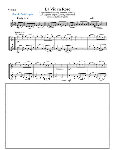 LA VIE EN ROSE String Trio for 2 violins and cello or violin, viola and cello Intermediate Level image number null