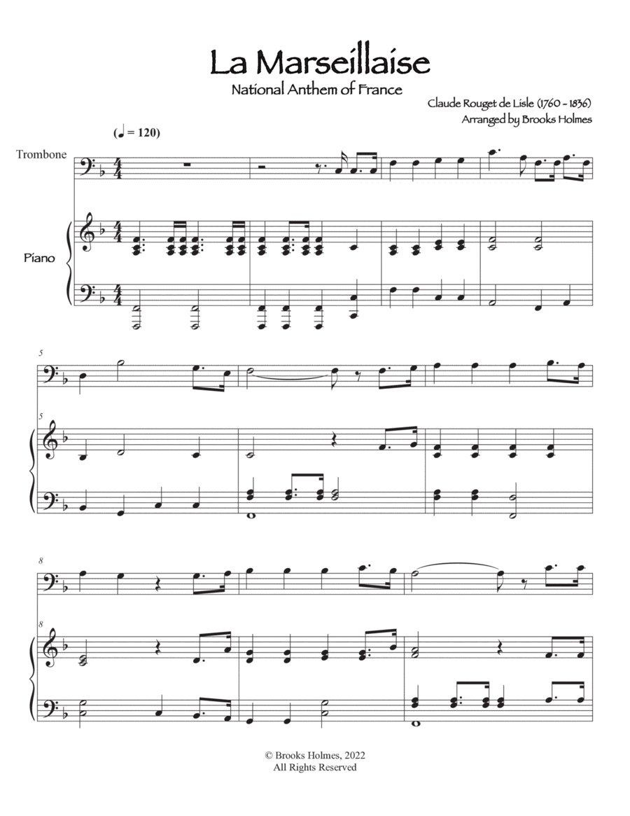 French National Anthem (La Marseillaise) Trombone & Piano Piano scores gallery preview page 1