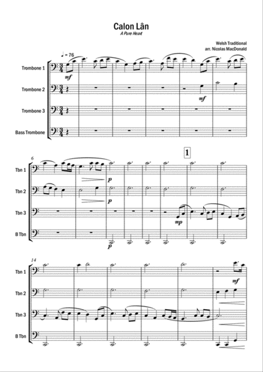 Calon Lan for Trombone Quartet Trombone Quartet scores gallery preview page 1