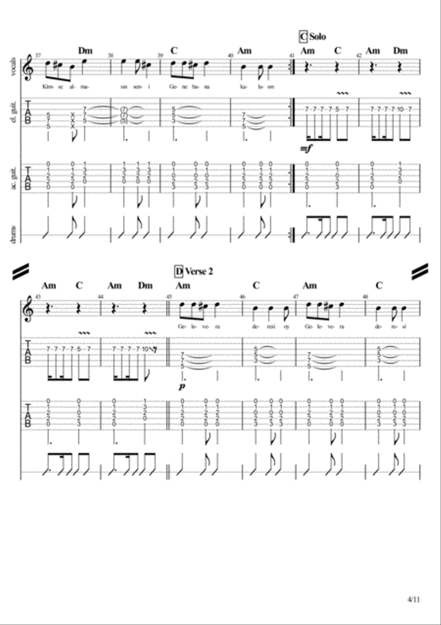 Koyverdin Gittin Beni (Turkish folk song reconstructed for a rock band setting) Guitar Tablature scores gallery preview page 4