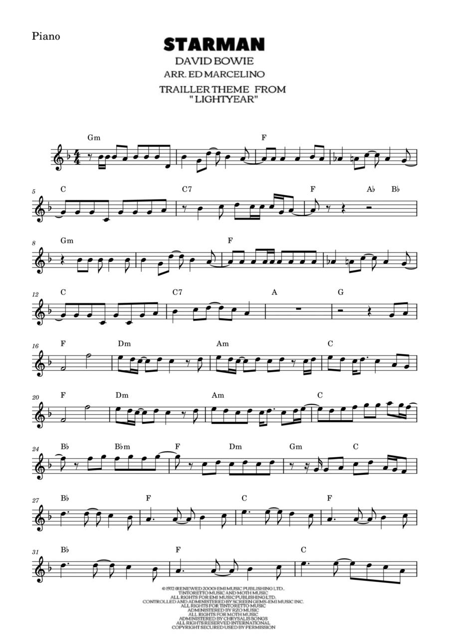 Starman Easy Piano scores gallery preview page 1