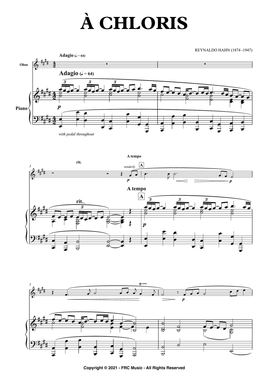 Hahn: À Chloris - As played by Albrecht Mayer, Kimiko Imani (for Oboe and Piano) Piano scores gallery preview page 3