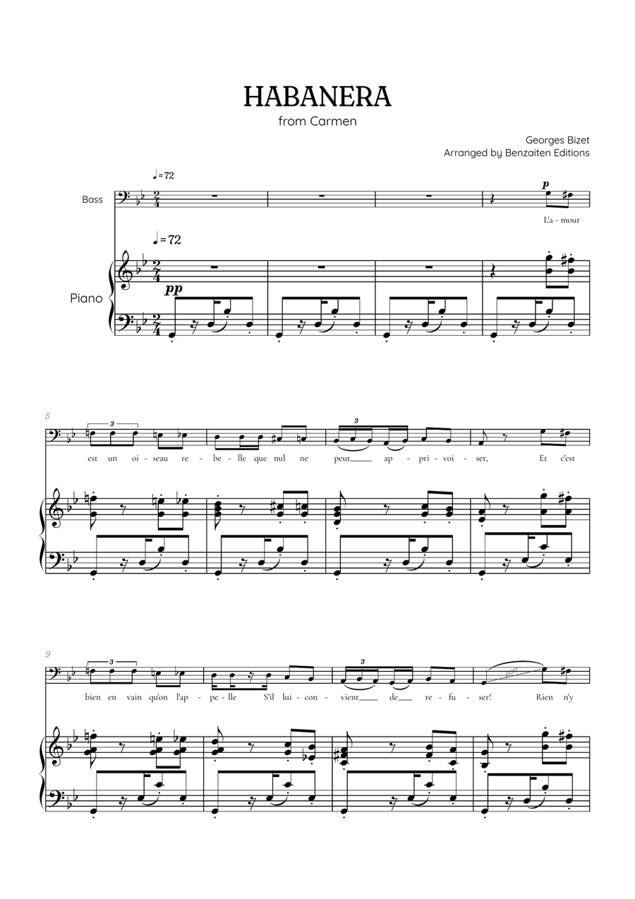 Bizet • Habanera from Carmen in G minor [Gm] | bass voice sheet music with piano accompaniment Bass Voice scores gallery preview page 1