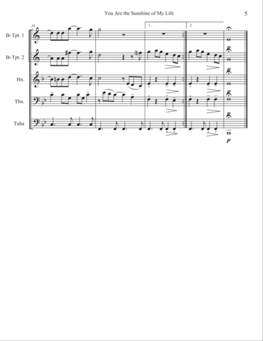 You Are The Sunshine Of My Life Brass Quintet scores gallery preview page 6