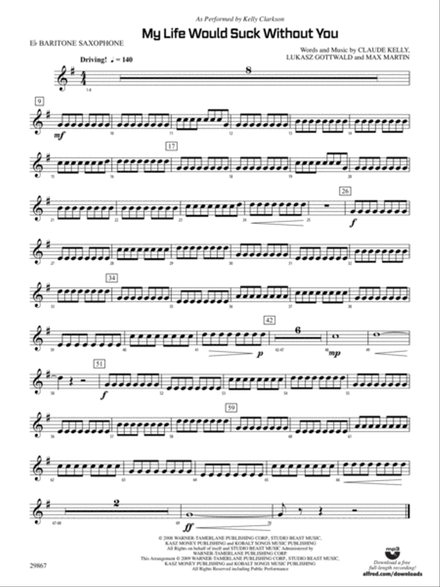 My Life Would Suck Without You: E-flat Baritone Saxophone Concert Band scores gallery preview page 1