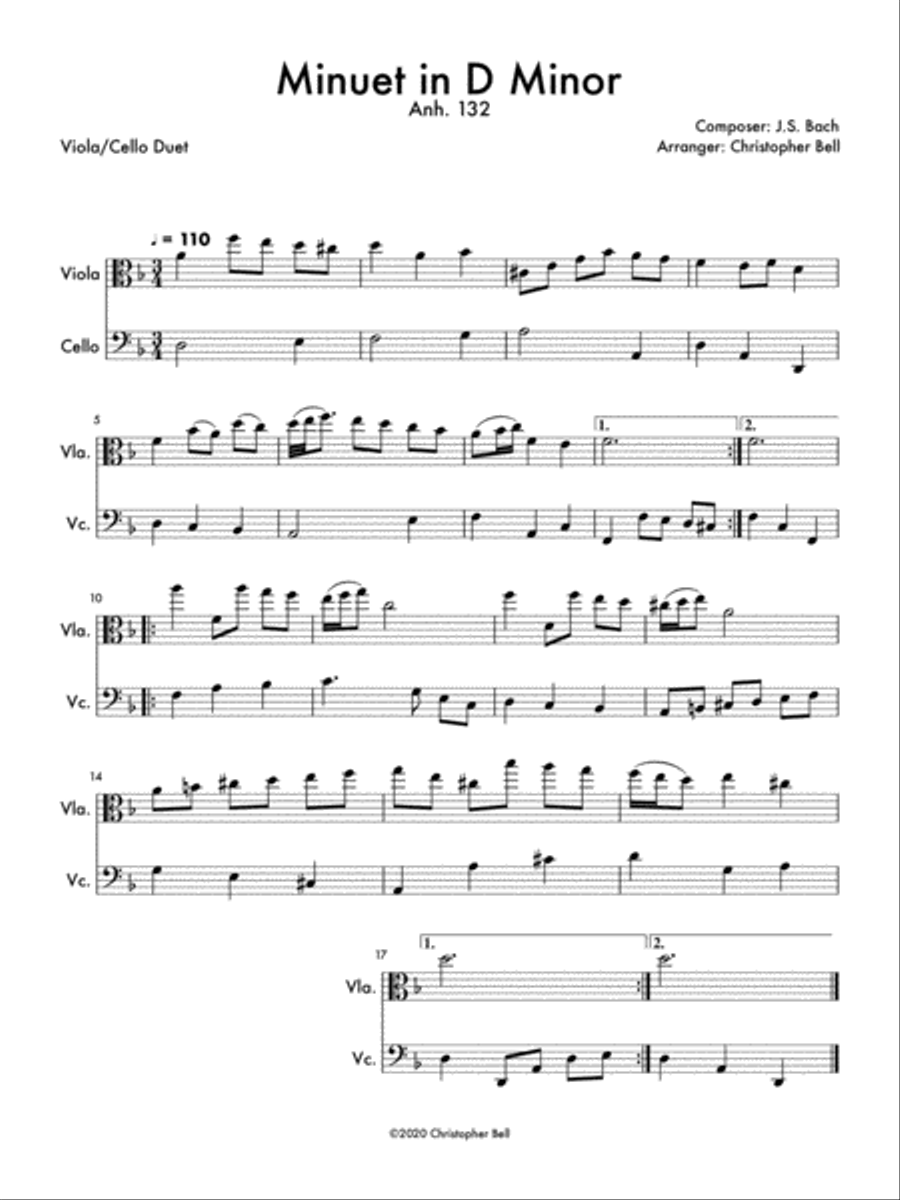 Minuet in D Minor (Anh 132) Viola/Cello Duet String Duet scores gallery preview page 1