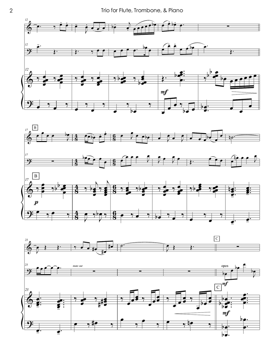 Trio for Flute, Trombone, and Piano Flute scores gallery preview page 2