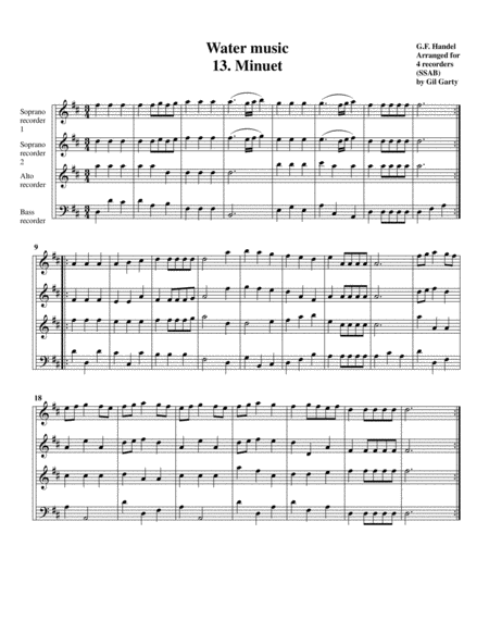Menuet from Water music (arrangement for 4 recorders)