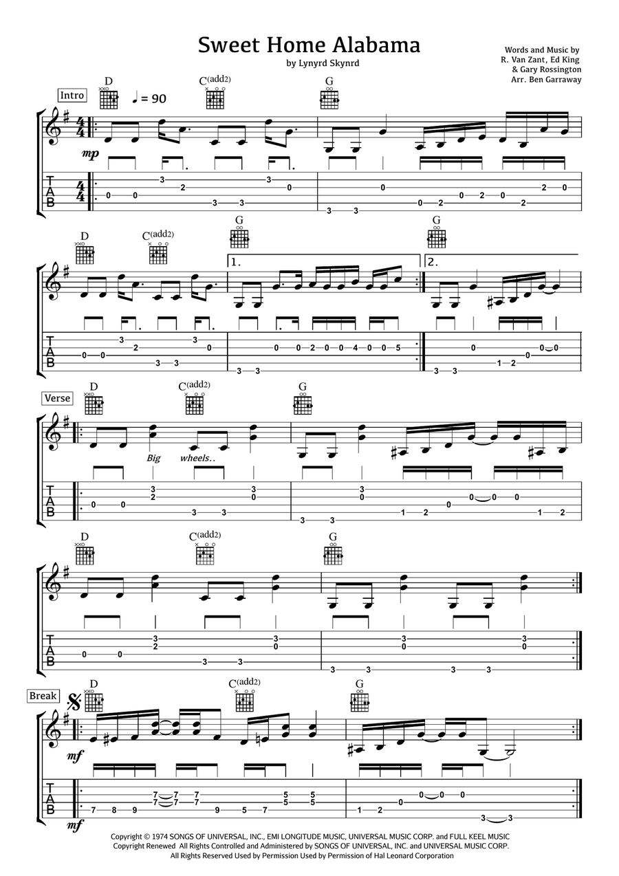 Sweet Home Alabama Guitar Tablature scores gallery preview page 1