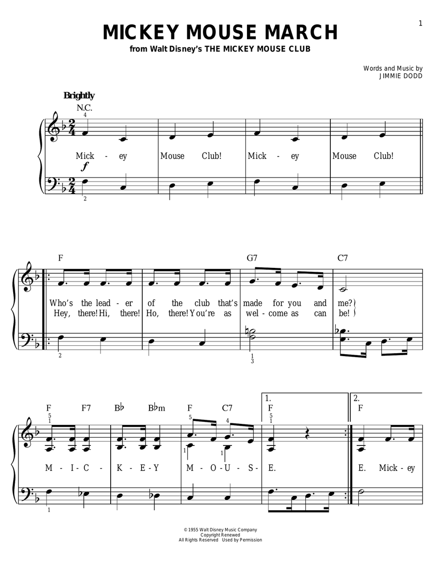 Mickey Mouse March (from The Mickey Mouse Club) Easy Piano scores gallery preview page 1