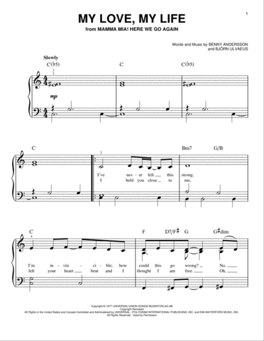 My Love, My Life (from Mamma Mia! Here We Go Again) Easy Piano scores gallery preview page 1