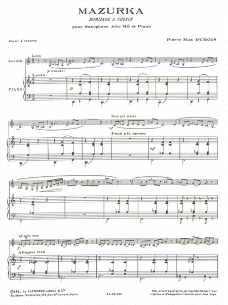 Mazurka, For Alto Saxophone And Piano