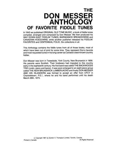 The Don Messer Anthology of Favorite Fiddle Tunes