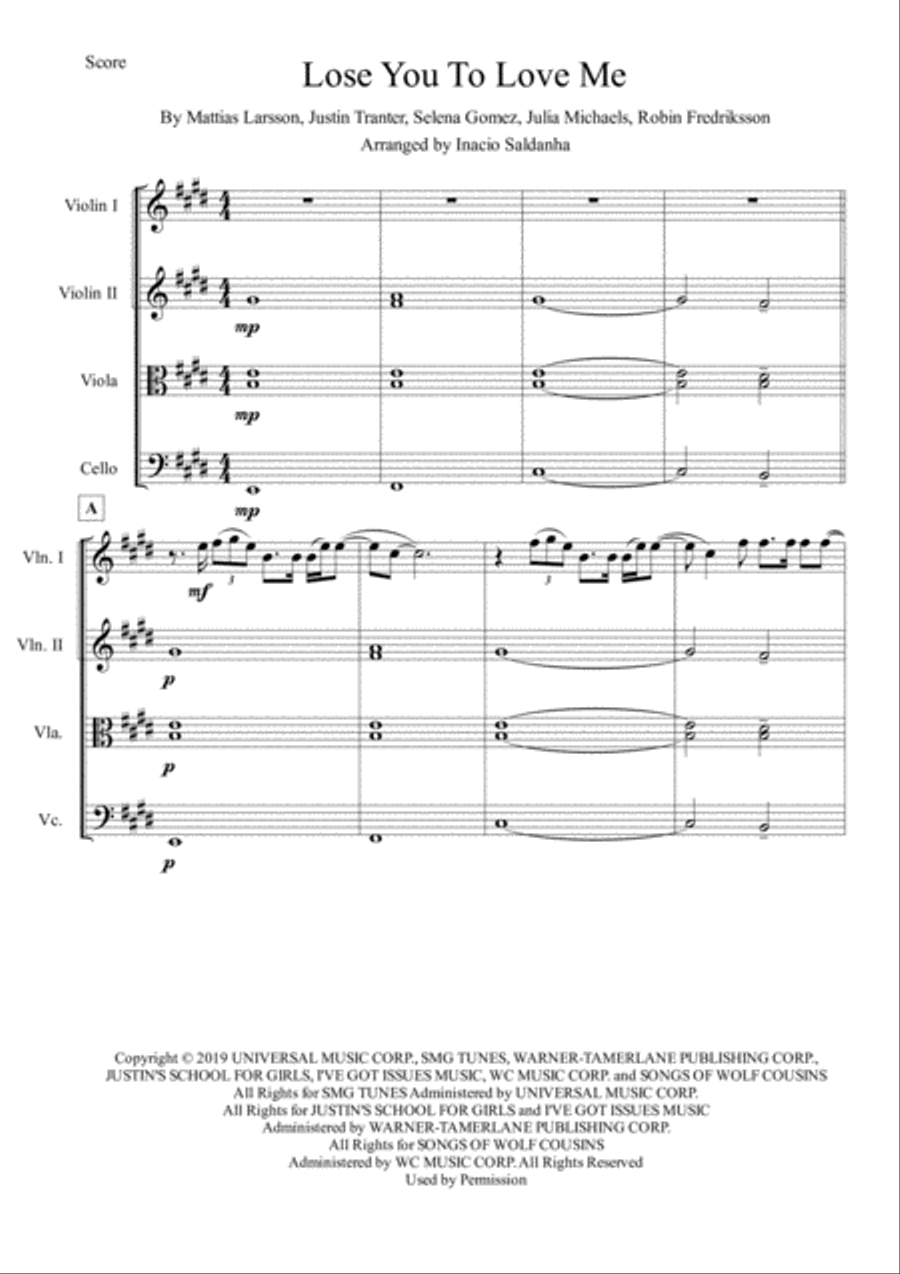 Lose You To Love Me String Quartet scores gallery preview page 1