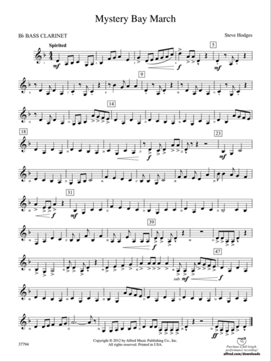 Mystery Bay March: B-flat Bass Clarinet Concert Band scores gallery preview page 1