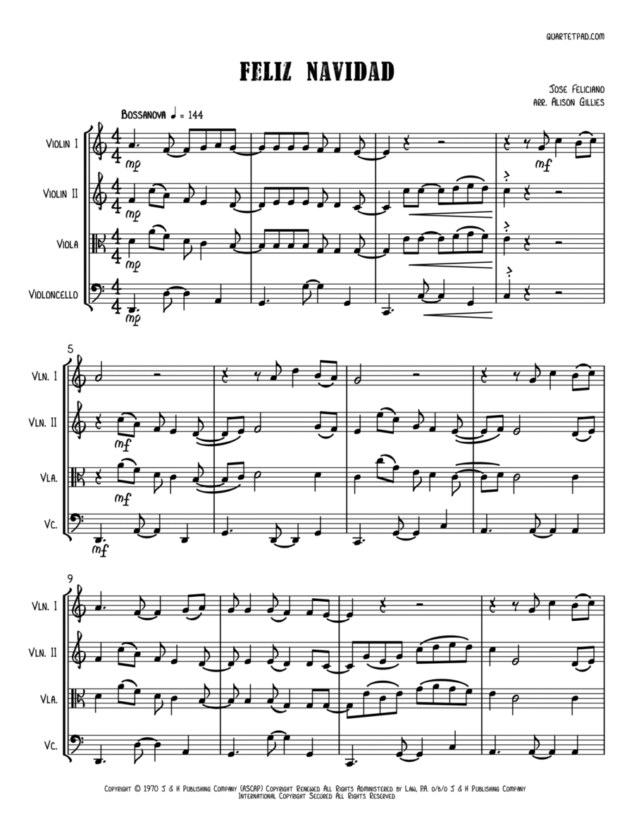 Feliz Navidad String Quartet scores gallery preview page 1