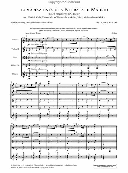 12 Variations on ‘La Ritirata di Madrid’ in C major (G deest) for 2 Violins, Viola, Violoncello and Guitar