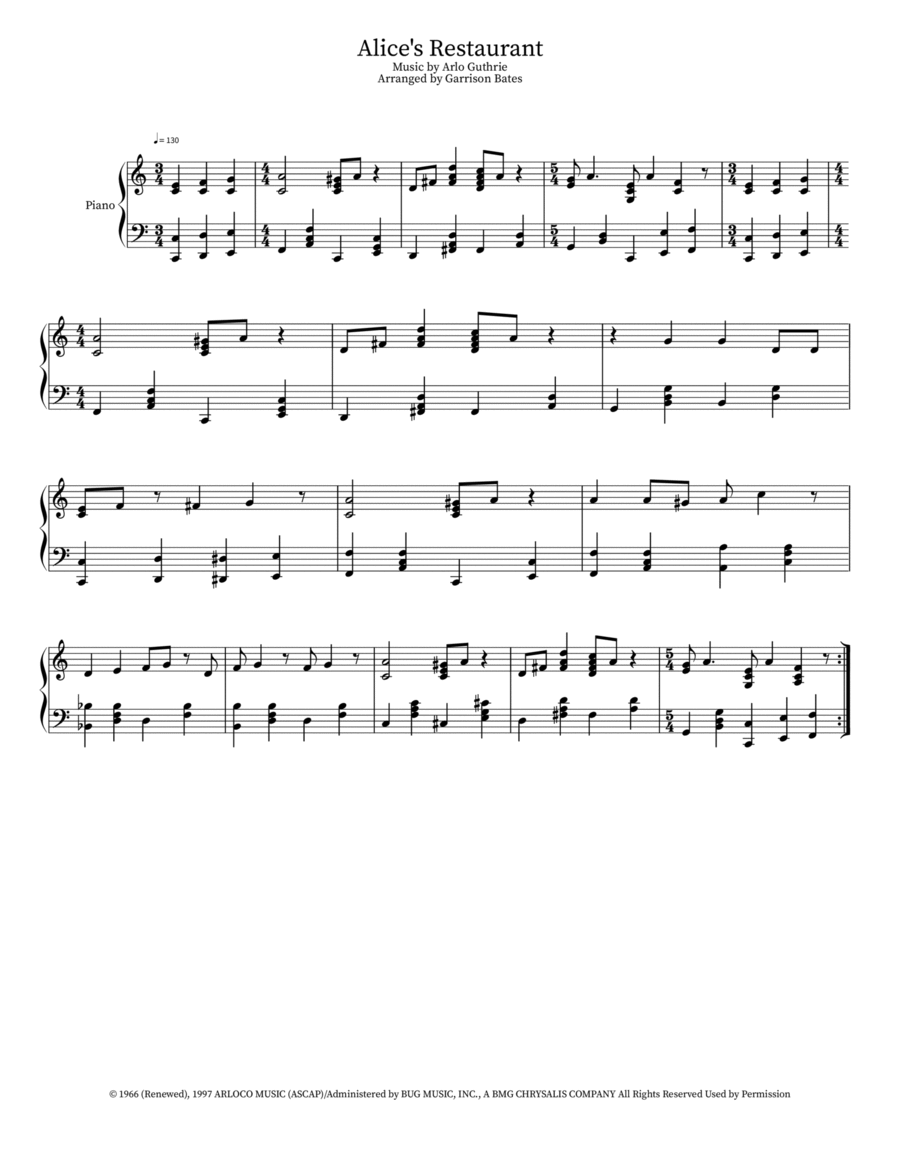 Alice's Restaurant Piano Solo scores gallery preview page 1