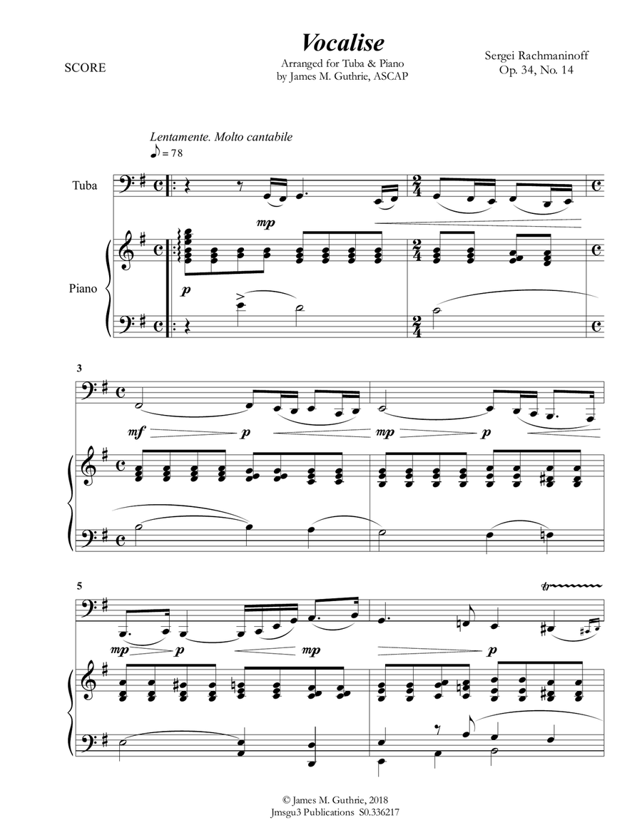 Rachmaninoff: Vocalise for Tuba & Piano Tuba scores gallery preview page 1