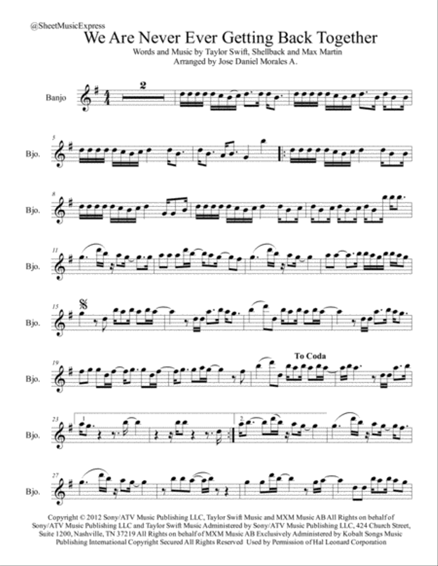 We Are Never Ever Getting Back Together Banjo scores gallery preview page 1