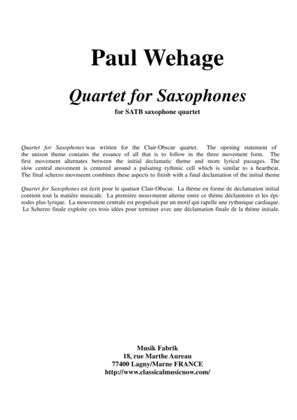 Paul Wehage: Quartet for Saxophones for SATB saxophone quartet