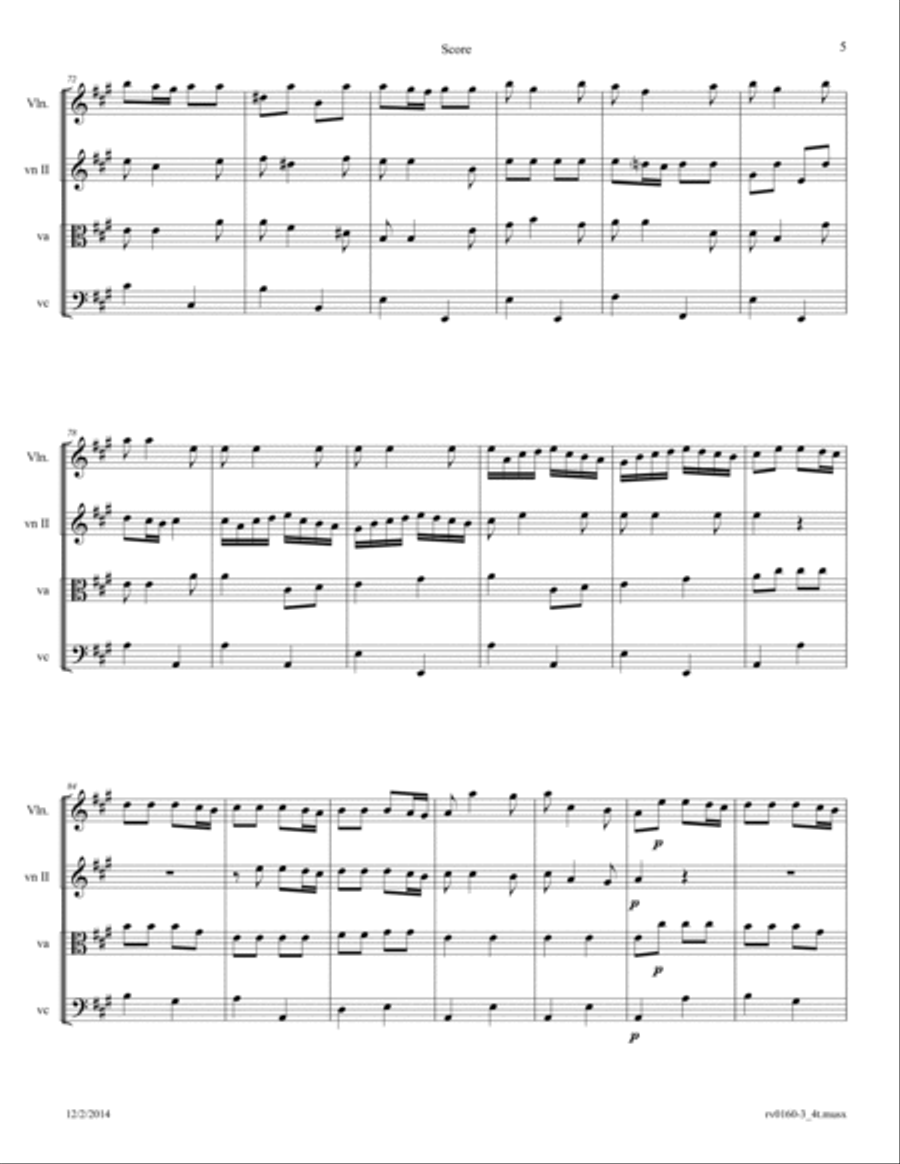 Vivaldi: Concerto for Strings in A Major RV 160; Movement 3: Allegro Arr. for String Quartet String Quartet scores gallery preview page 5