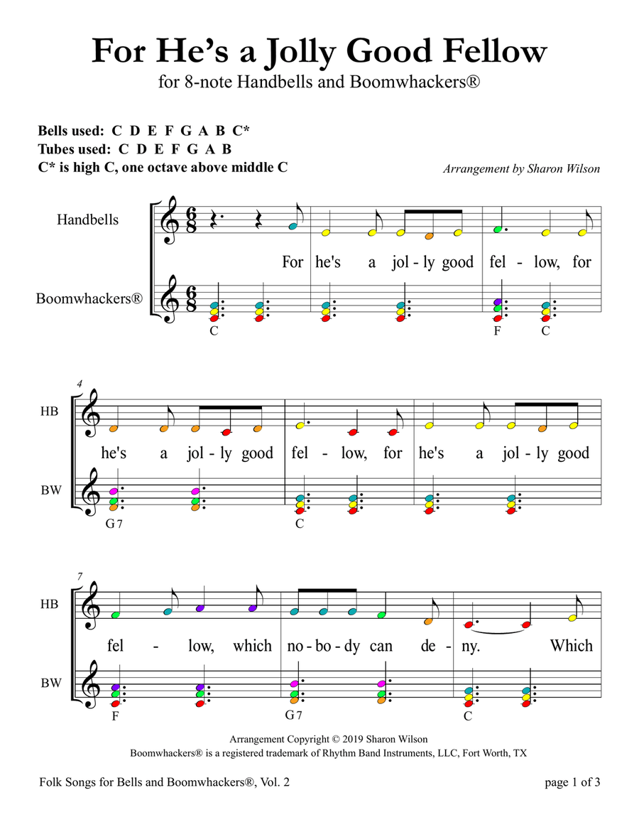 For He's a Jolly Good Fellow (for 8-note Bells and Boomwhackers with Color Coded Notes) Handbell Choir scores gallery preview page 5