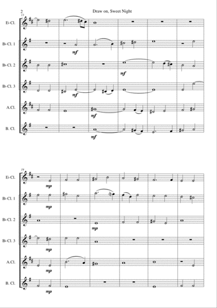 Draw on, Sweet Night for clarinet sextet (E flat, 3 B flats, alto and bass) Clarinet Solo scores gallery preview page 2