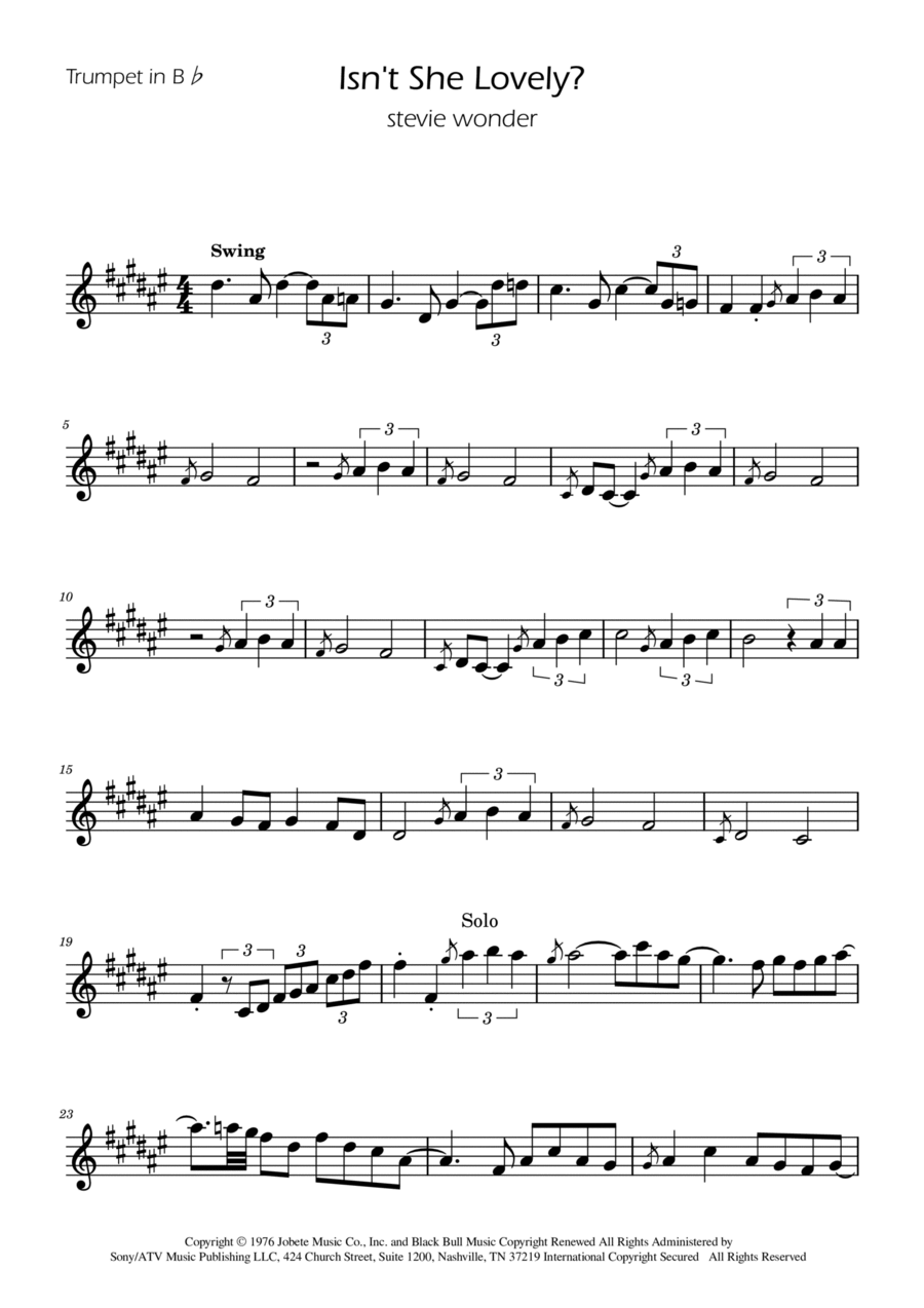 Isn't She Lovely B-Flat Trumpet scores gallery preview page 1