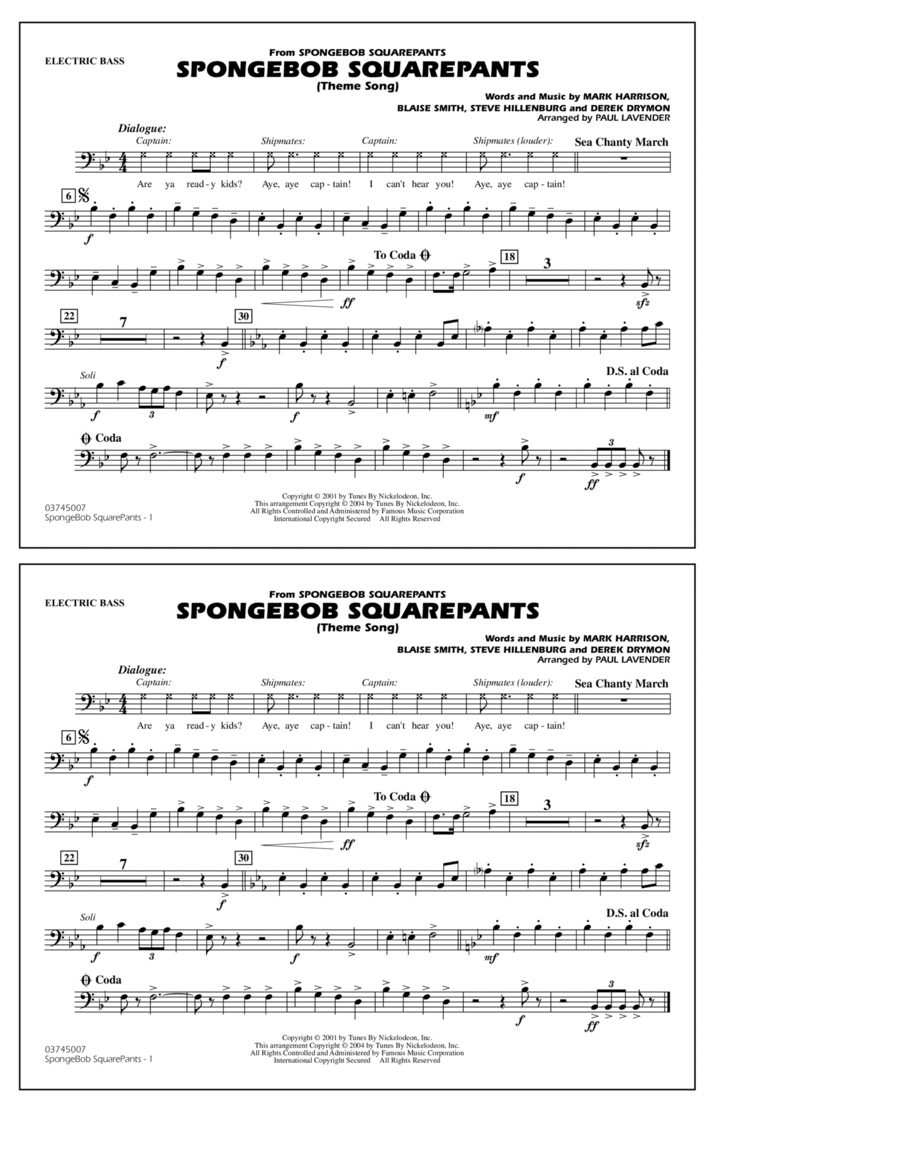 Spongebob Squarepants (Theme Song) (arr. Paul Lavender) - Electric Bass Marching Band scores gallery preview page 1