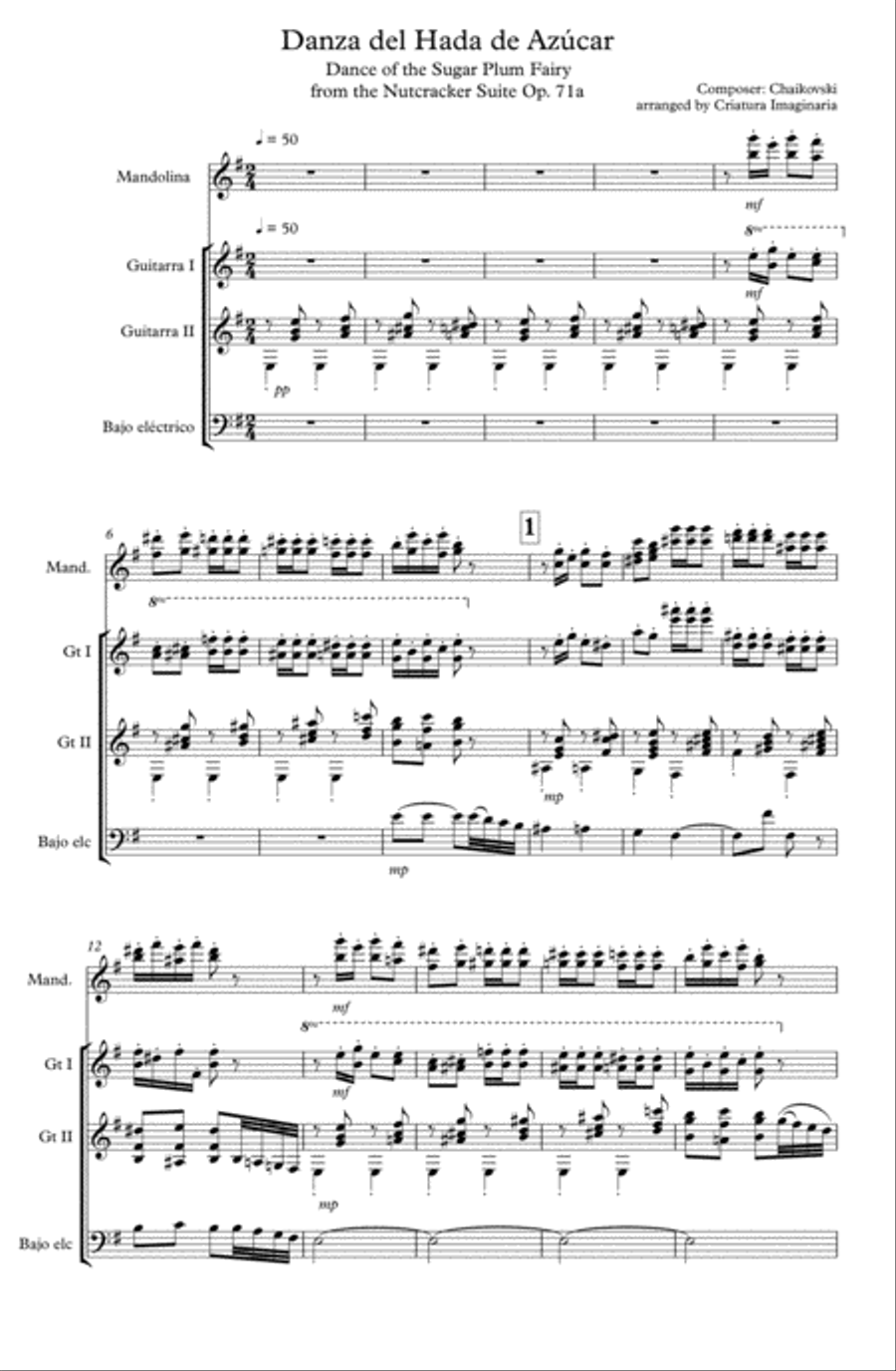 Dance of the Sugar Plum Fairy - Plucked quartet. Mandolin, 2 guitar & Bass guitar - Tchaikovsky Bass Guitar scores gallery preview page 2