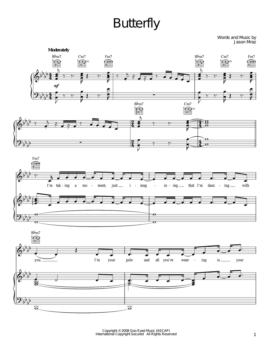 Butterfly Piano, Vocal, Guitar scores gallery preview page 1