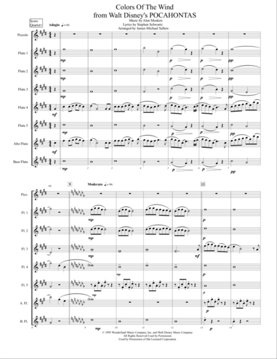 Colors Of The Wind by Vanessa Williams Flute Quartet - Digital Sheet Music
