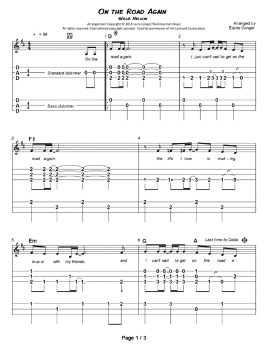 On The Road Again Dulcimer scores gallery preview page 2