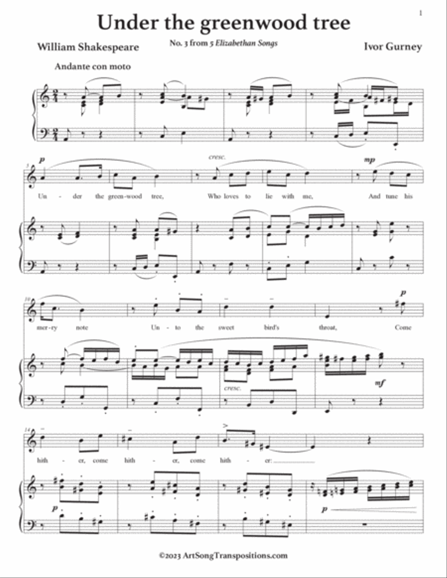 GURNEY: Under the Greenwood tree (transposed to A minor) Voice scores gallery preview page 2