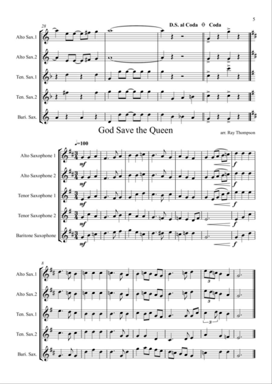 A Collection of Useful Gig Tunes:(Happy Birthday, God Save the Queen etc) - saxophone quintet Saxophone Quintet scores gallery preview page 5