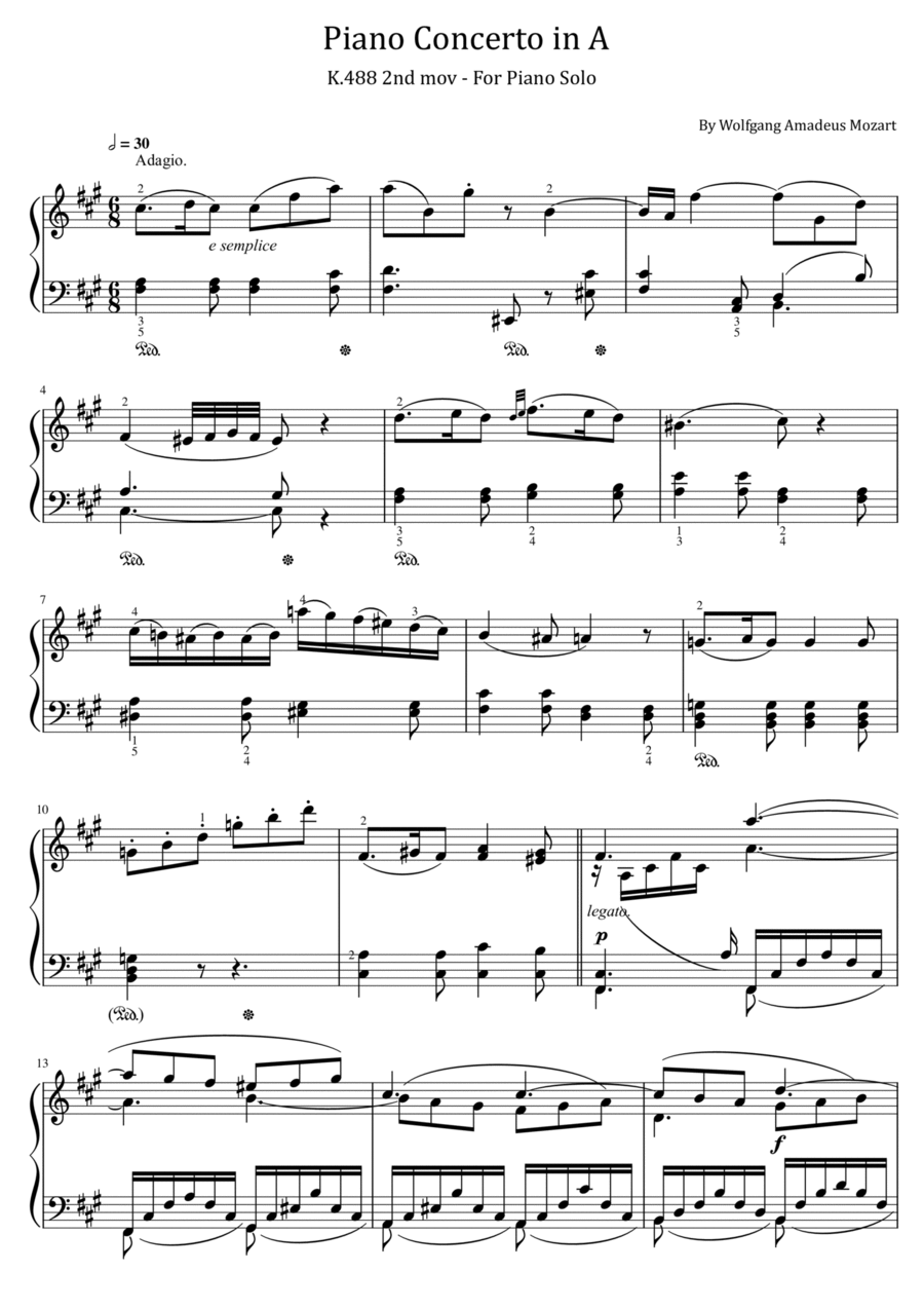 Mozart - Piano Concerto in A - K.488 - 2nd mov - Adagio for piano solo With Fingered Piano Solo scores gallery preview page 1