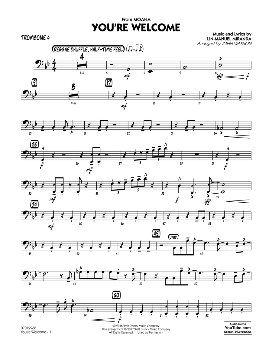 You're Welcome (from Moana) (arr. John Wasson) - Trombone 4 Trombone scores gallery preview page 1