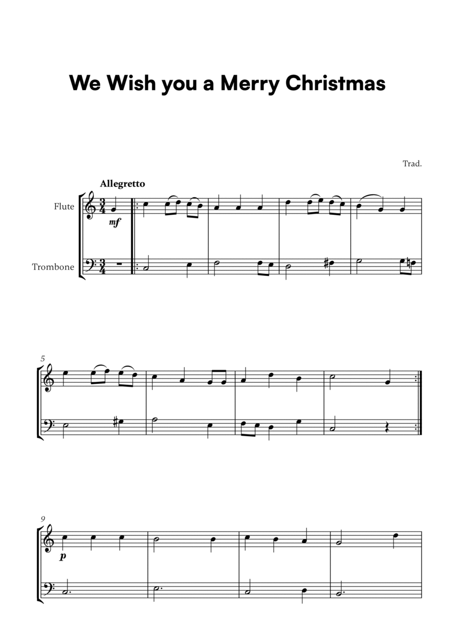 Trad. - We Wish you a Merry Christmas (for Flute and Trombone) Flute scores gallery preview page 1