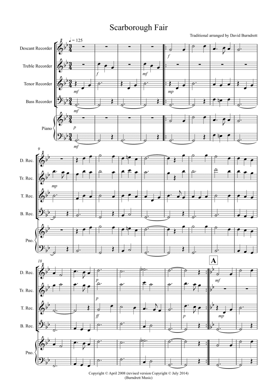 Scarborough Fair for Recorder Quartet Recorder scores gallery preview page 1
