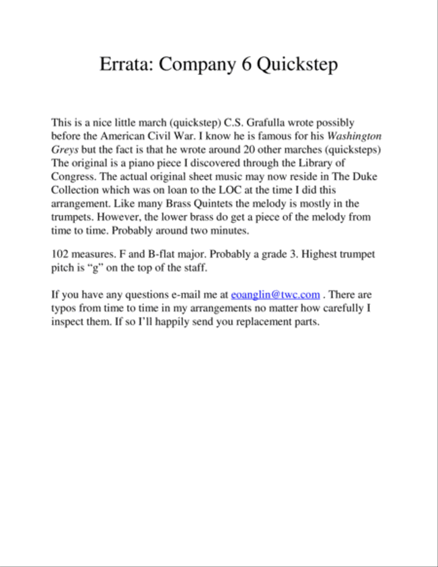 Company 6 Quickstep by C.S. Grafulla - Brass Quintet from the Civil War Brass Quintet scores gallery preview page 1