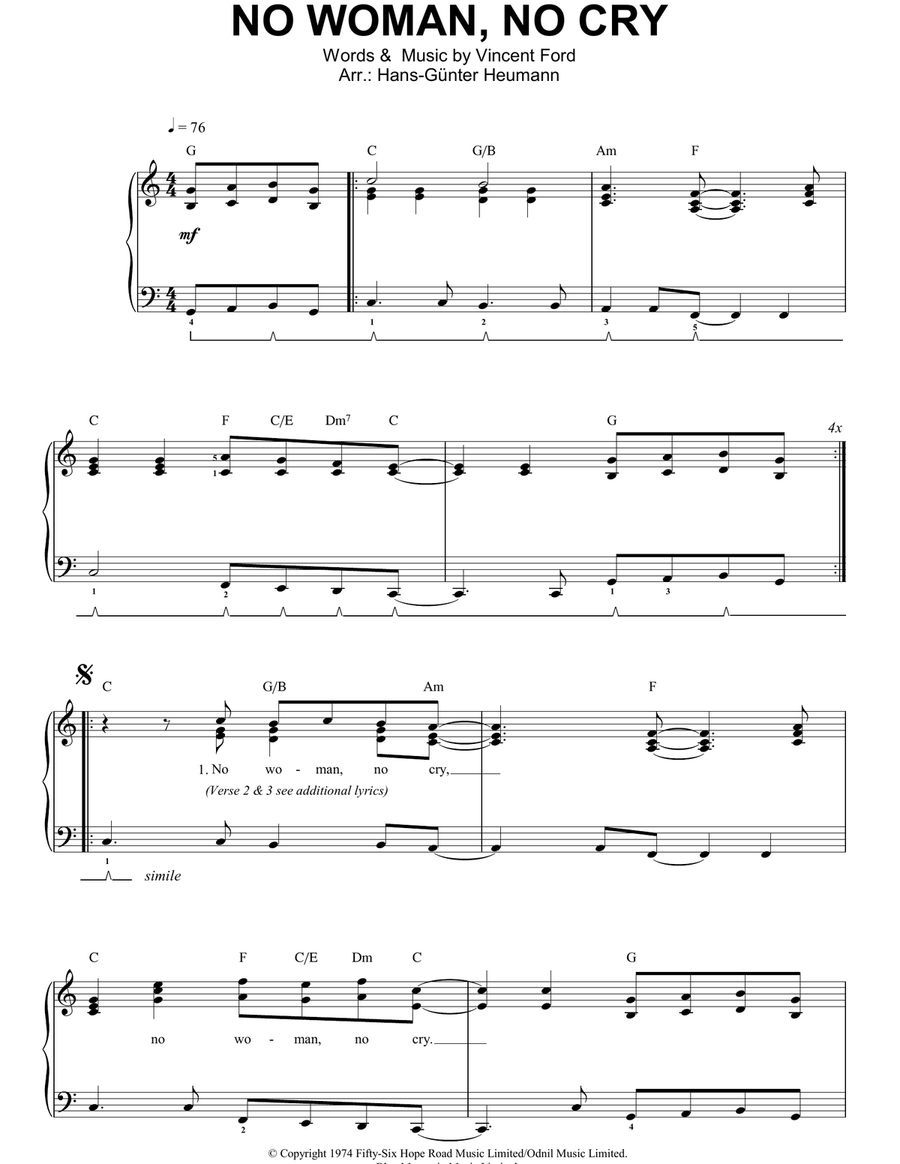 No Woman, No Cry Easy Piano scores gallery preview page 1