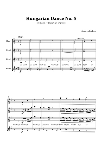Hungarian Dance No. 5 by Brahms for Flute Quartet with Chords image number null