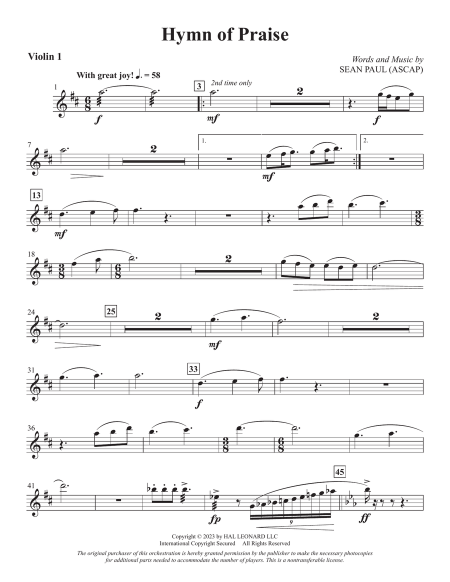 Hymn Of Praise - Violin 1 Choir scores gallery preview page 1